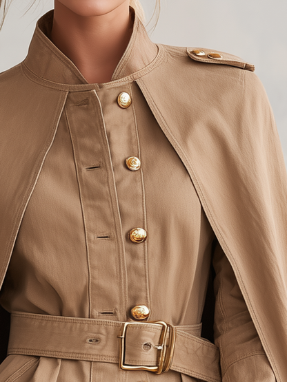 Women's Khaki Cape Jacket Belted Military Stand Collar Cape Coat