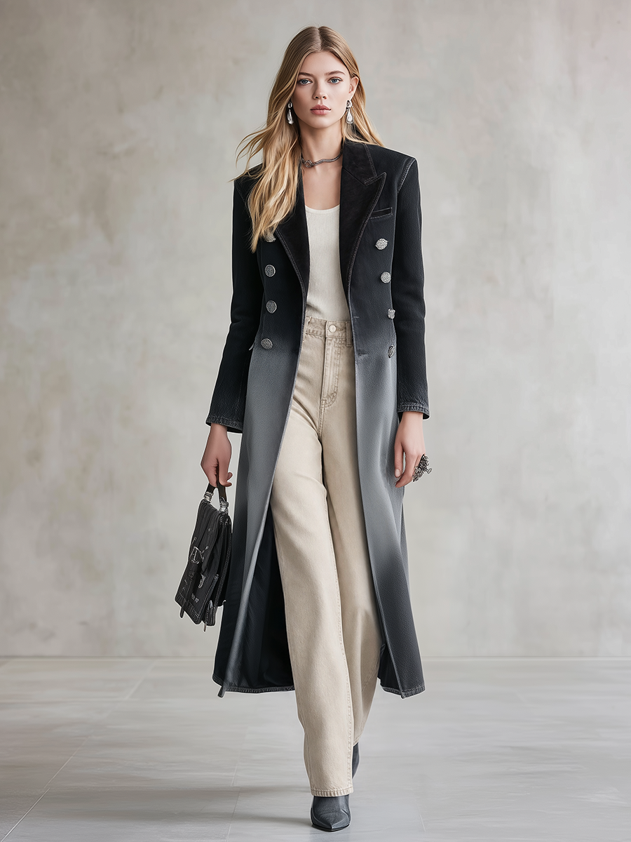 Women's Ombre Denim Trench Coat Long Double-Breasted Fitted Overcoat