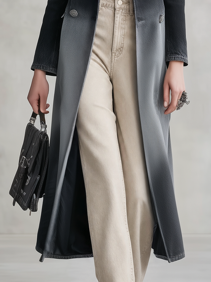 Women's Ombre Denim Trench Coat Long Double-Breasted Fitted Overcoat