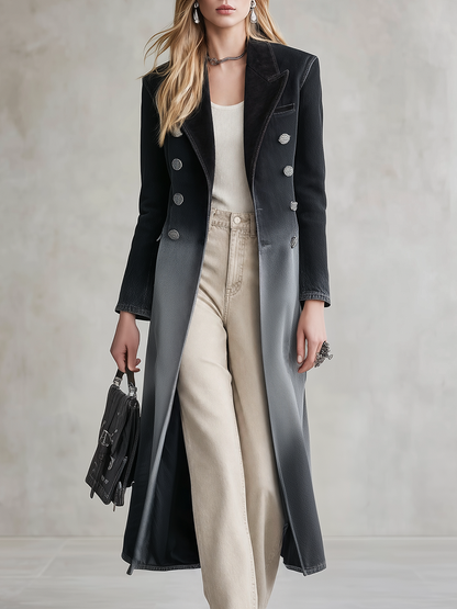 Women's Ombre Denim Trench Coat Long Double-Breasted Fitted Overcoat
