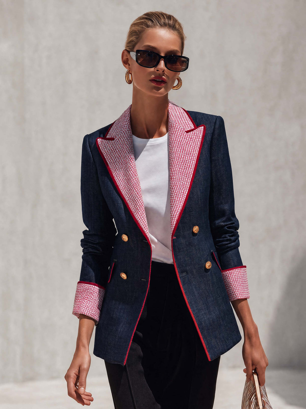 Retro Color-blocking Checked Peak-lapel X-line Blazer
