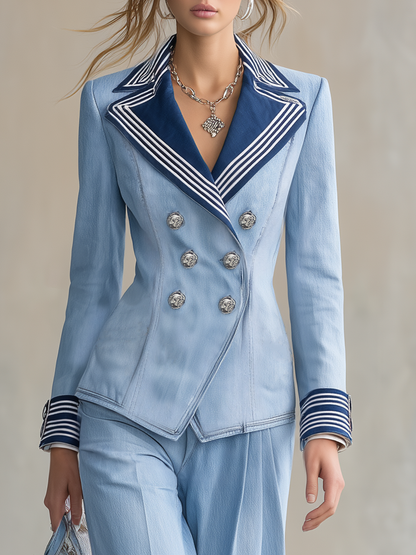 Women's Light Blue Denim Blazer Nautical Striped Lapel Double-Breasted Cropped Jacket