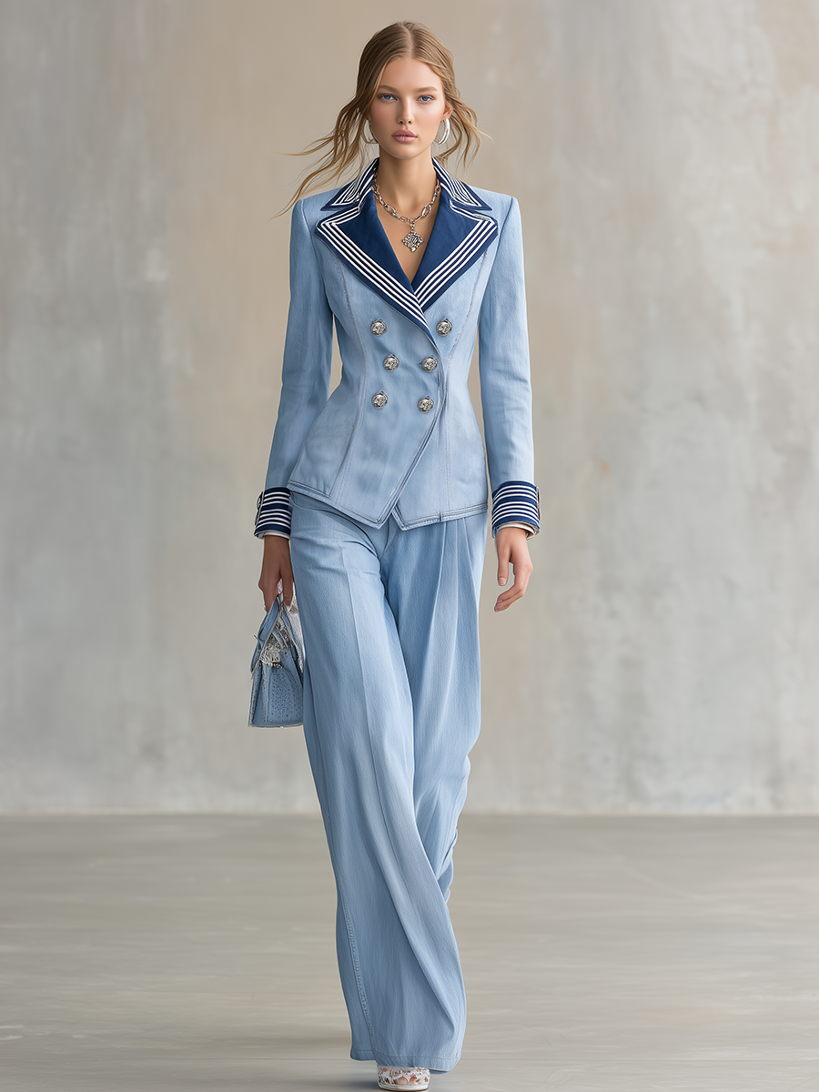 Women's Light Blue Denim Blazer Nautical Striped Lapel Double-Breasted Cropped Jacket