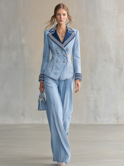 Women's Light Blue Denim Blazer Nautical Striped Lapel Double-Breasted Cropped Jacket