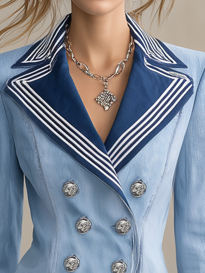 Women's Light Blue Denim Blazer Nautical Striped Lapel Double-Breasted Cropped Jacket