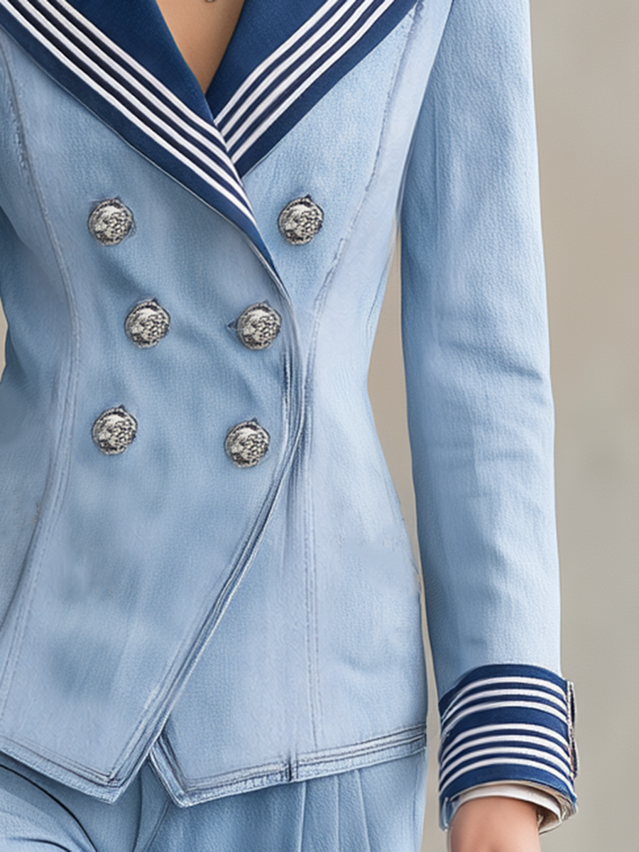 Women's Light Blue Denim Blazer Nautical Striped Lapel Double-Breasted Cropped Jacket