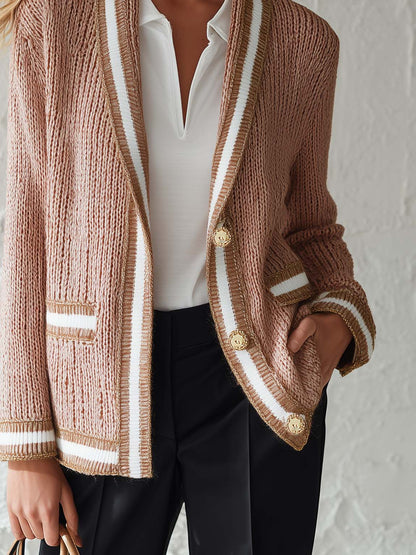 Old Money Dusty Pink Knit Cardigan Contrast Stripe Trim Gold Button Pockets