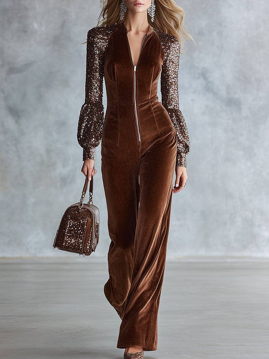 Vintage-style Brown Velvet Sequined Raglan-sleeve Front-zip Wide-leg Jumpsuit