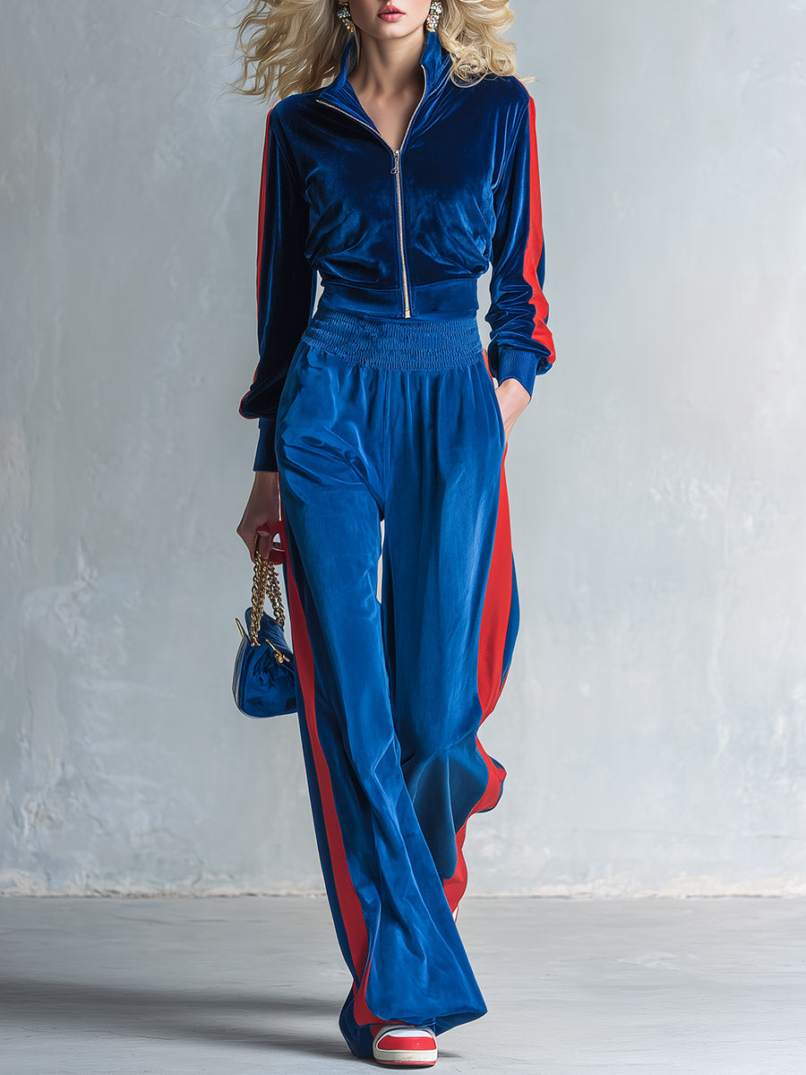 Women's Sporty Style Contrast-Trim Velvet Zip-Up Jacket & Wide-Leg Pants Two-Piece Set