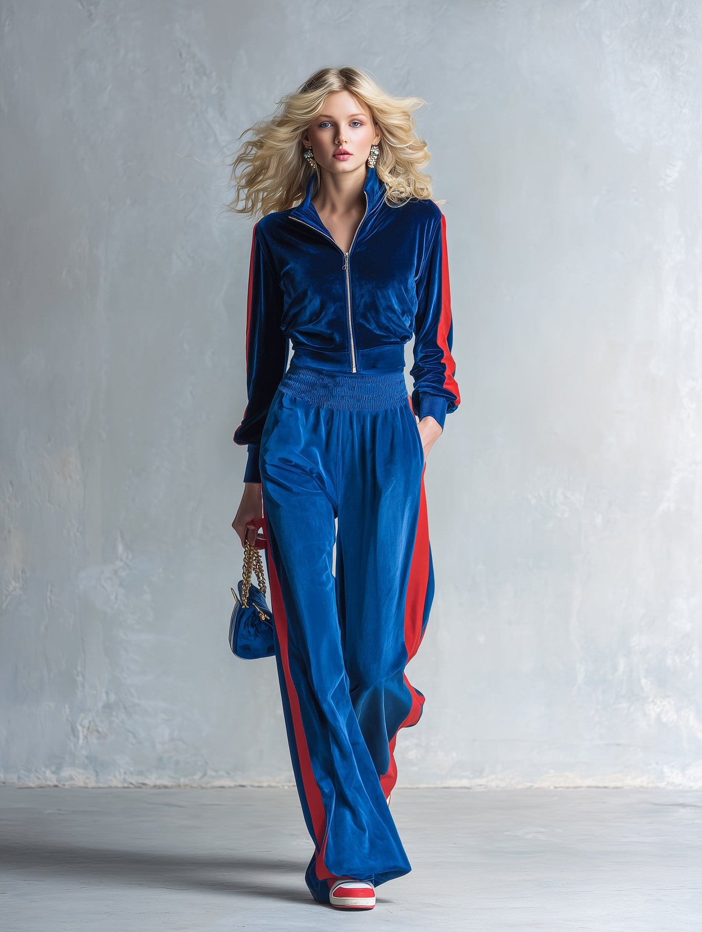 Women's Sporty Style Contrast-Trim Velvet Zip-Up Jacket & Wide-Leg Pants Two-Piece Set