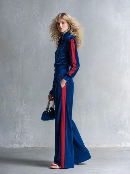 Women's Sporty Style Contrast-Trim Velvet Zip-Up Jacket & Wide-Leg Pants Two-Piece Set