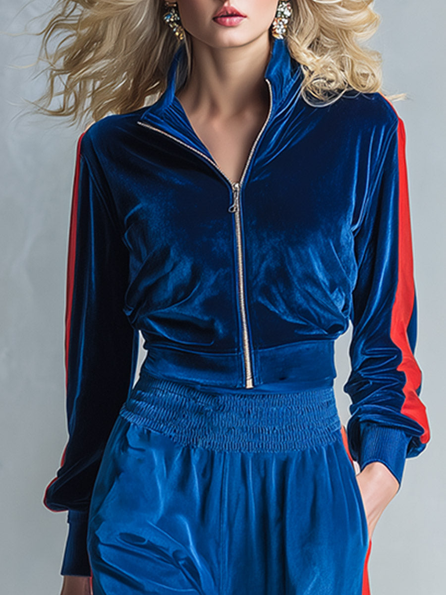 Women's Sporty Style Contrast-Trim Velvet Zip-Up Jacket & Wide-Leg Pants Two-Piece Set