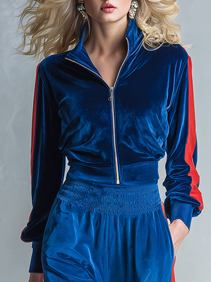 Women's Sporty Style Contrast-Trim Velvet Zip-Up Jacket & Wide-Leg Pants Two-Piece Set