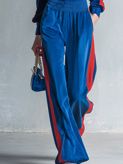 Women's Sporty Style Contrast-Trim Velvet Zip-Up Jacket & Wide-Leg Pants Two-Piece Set