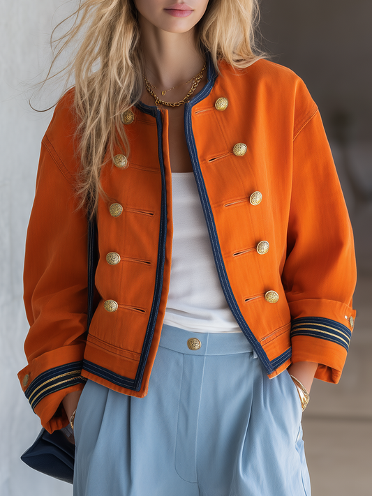 Women's Orange Military Jacket Double-Breasted Gold Button Oversized Band Coat