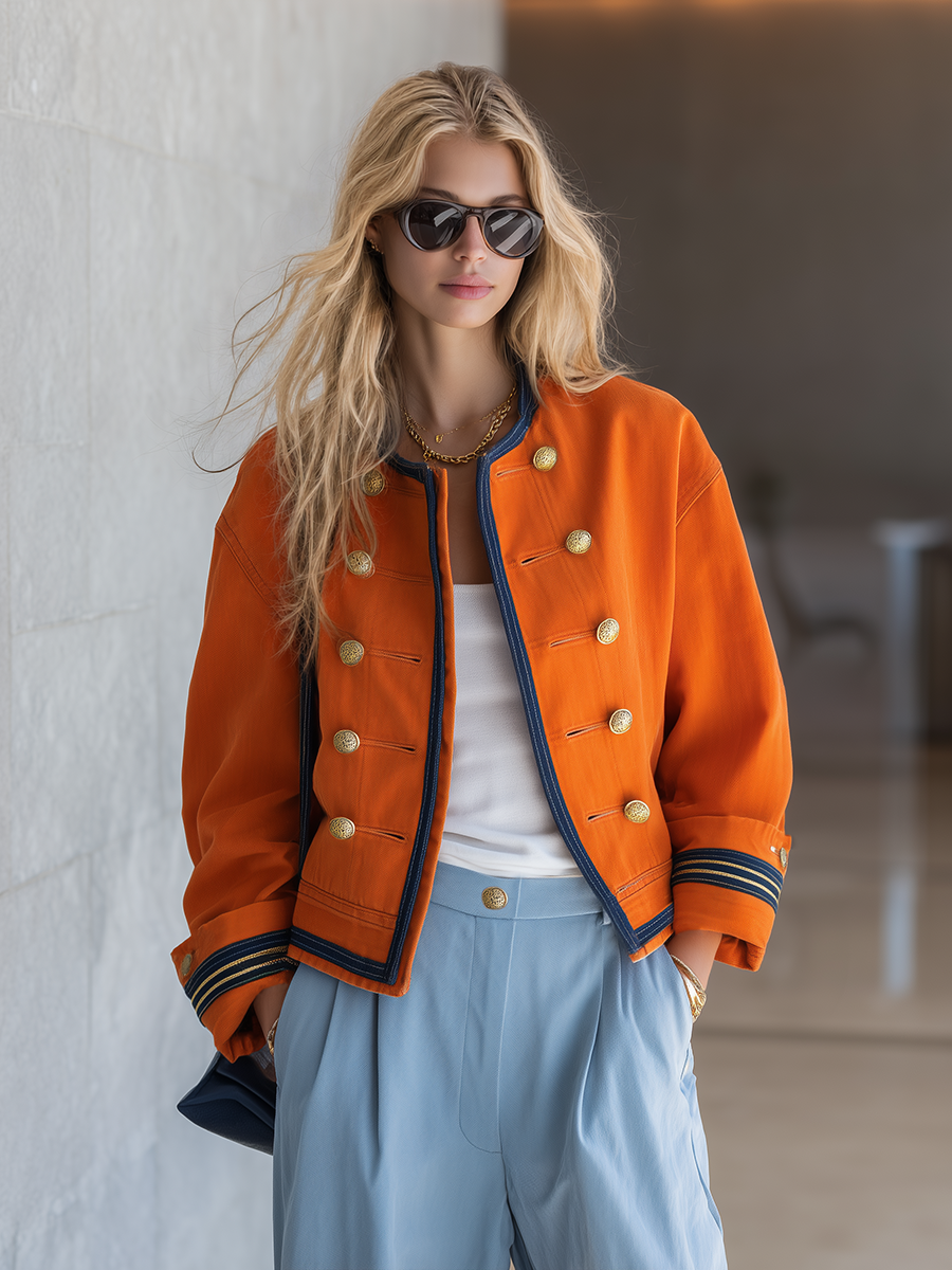 Women's Orange Military Jacket Double-Breasted Gold Button Oversized Band Coat
