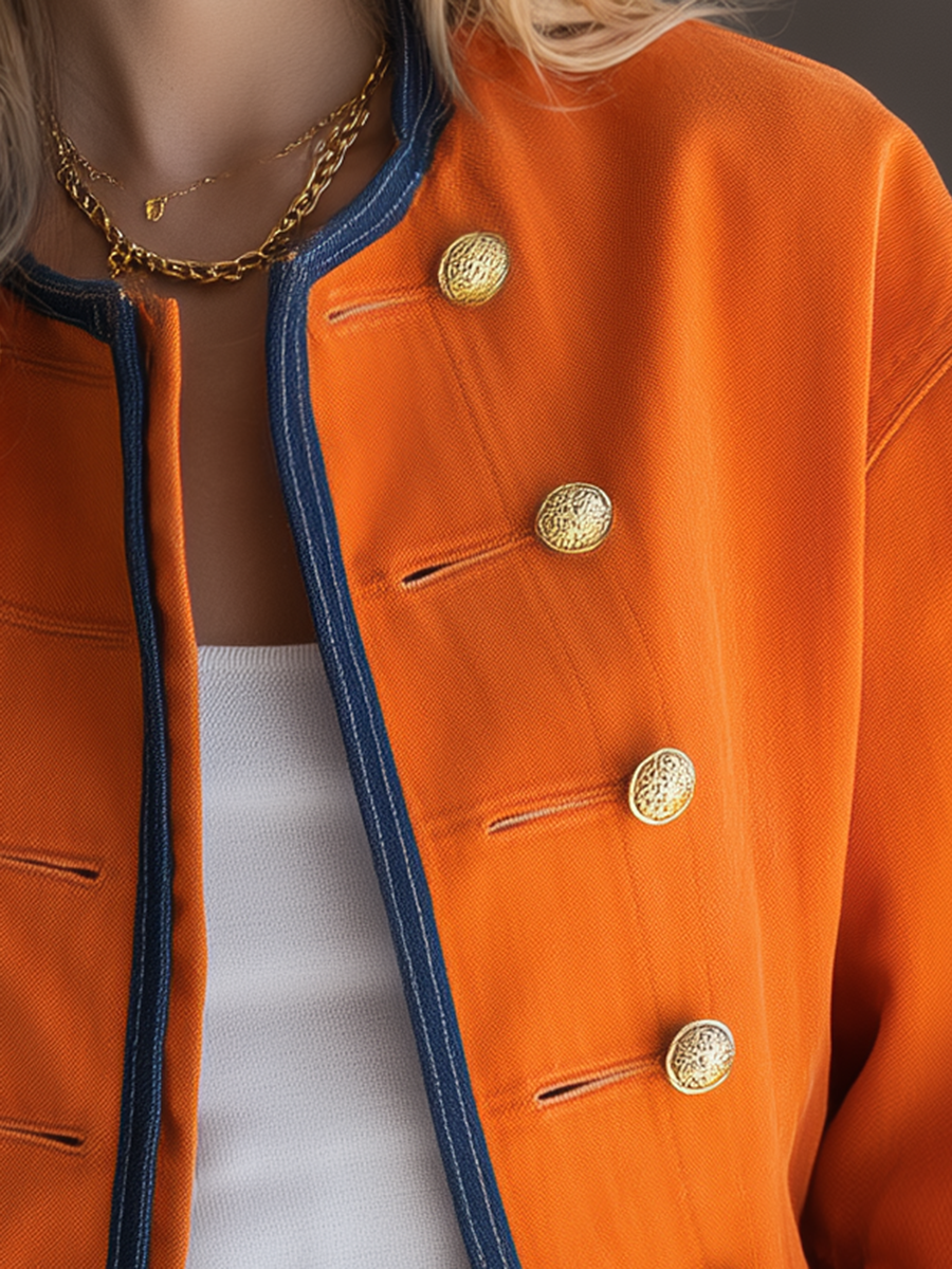 Women's Orange Military Jacket Double-Breasted Gold Button Oversized Band Coat