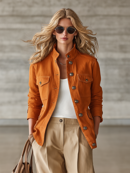 Women's Orange Stand-Collar Utility Jacket Metal Button Fitted Field Coat
