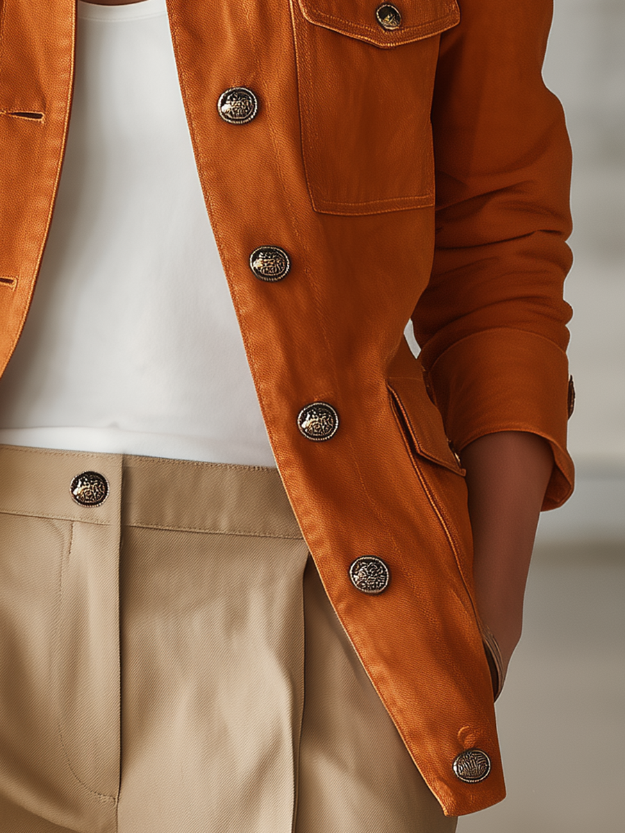 Women's Orange Stand-Collar Utility Jacket Metal Button Fitted Field Coat