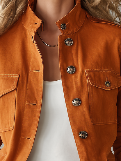 Women's Orange Stand-Collar Utility Jacket Metal Button Fitted Field Coat