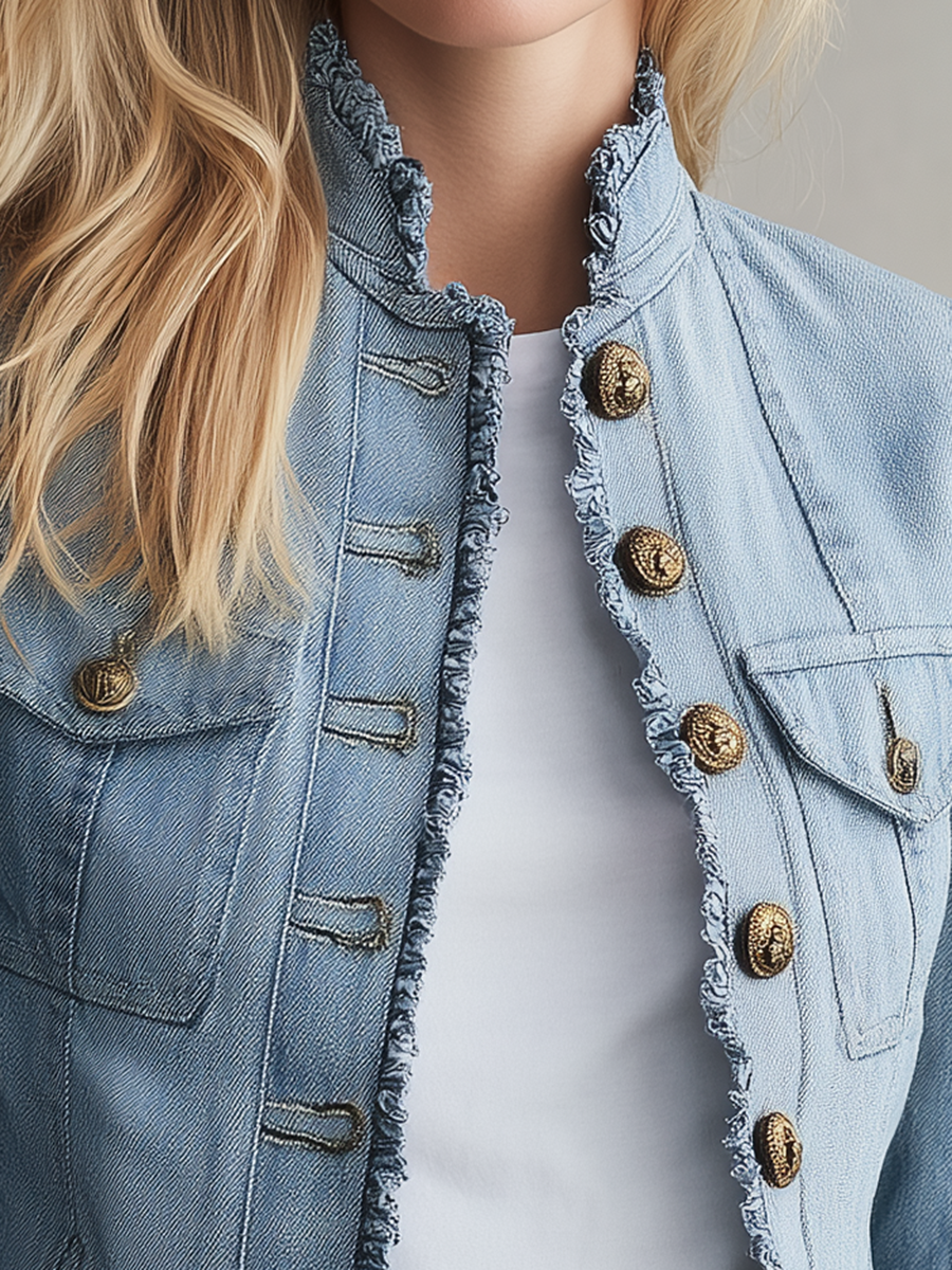 Women's Light Blue Denim Jacket Frayed Trim Gold Button Cropped Coat