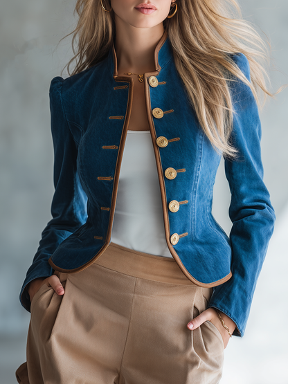Women's Navy Denim Military Jacket Gold Button Fitted Cropped Officer Blazer
