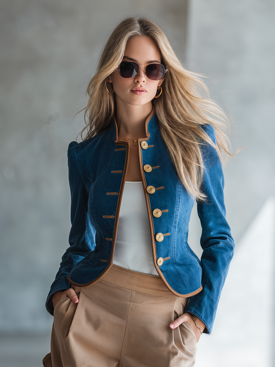 Women's Navy Denim Military Jacket Gold Button Fitted Cropped Officer Blazer