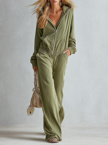 Chic Casual Faux-Fur Trim Muted Olive Cotton Hooded Long-Sleeve Jumpsuit