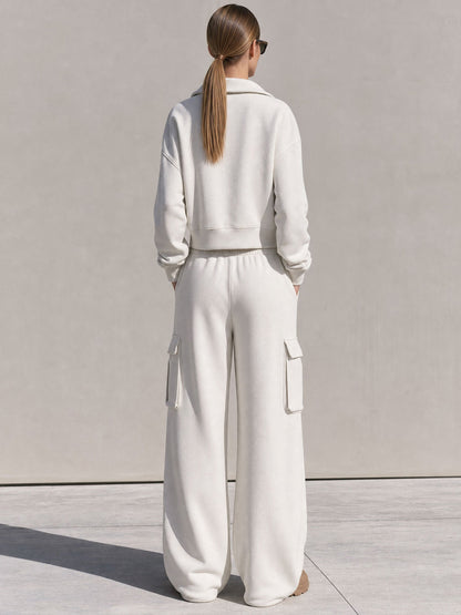 Casual Sports White Cotton Half-zip Sweatshirt And Cargo Pants Set
