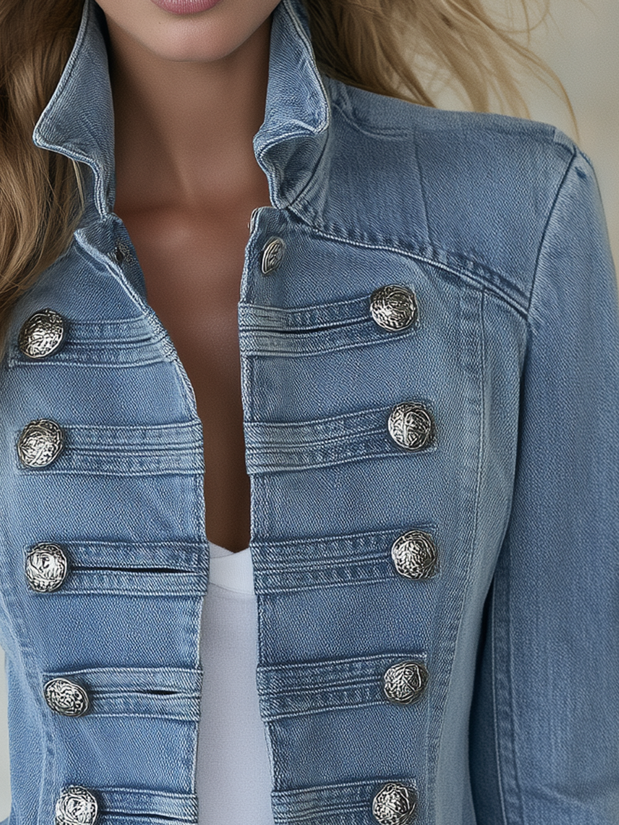 Women's Military Style Fitted Light Wash Denim Jacket With Decorative Buttons