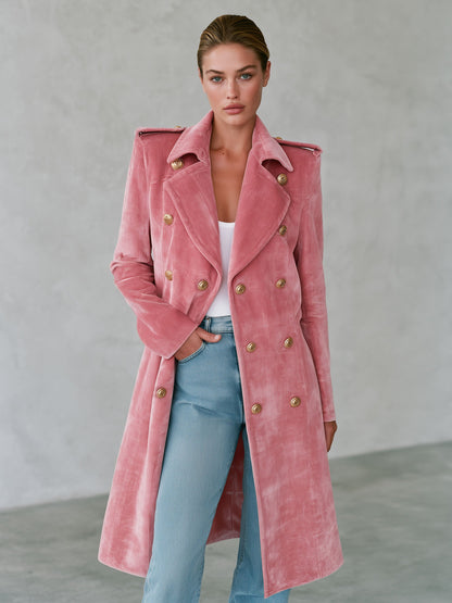 Casual Retro-style Pink Velvet Coat With Decorative Buttons
