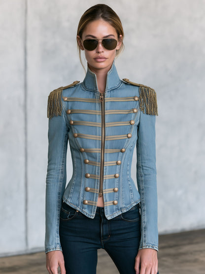 Western Retro Tassel Button Zipper Light Blue Denim Jacket
