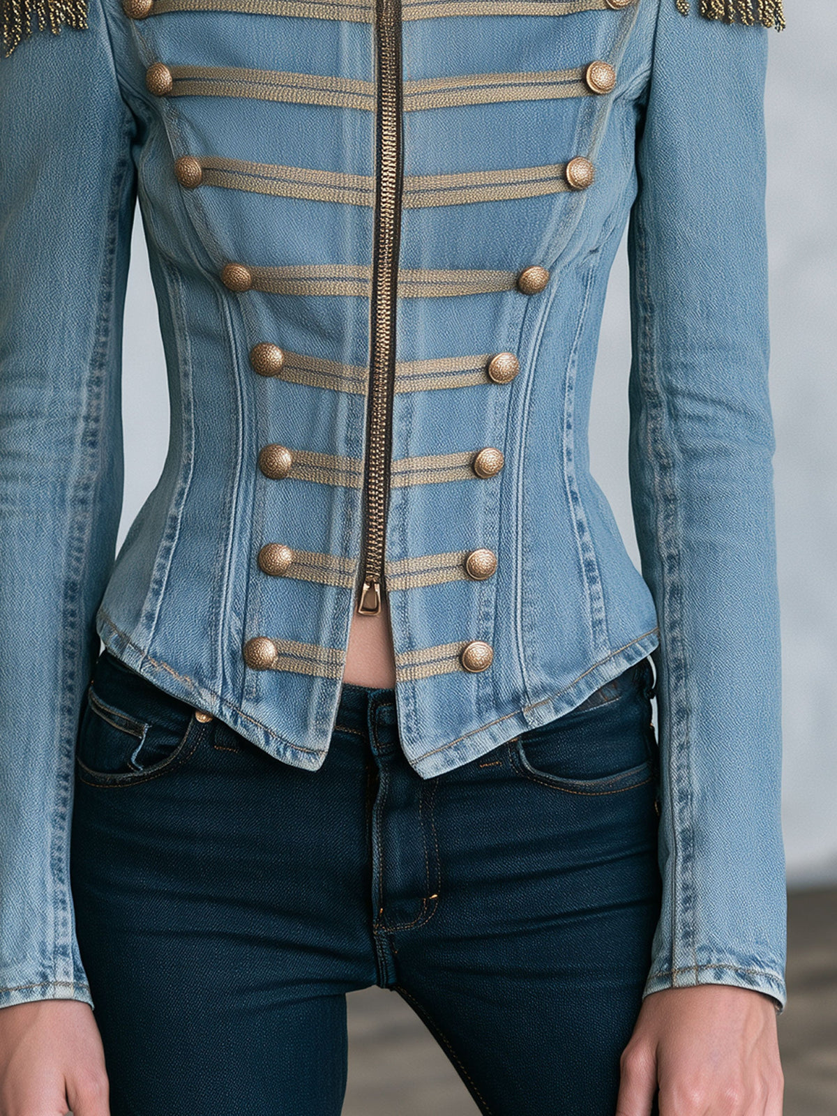Western Retro Tassel Button Zipper Light Blue Denim Jacket