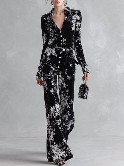 Floral Print Velvet Long Sleeve Wide Leg Jumpsuit