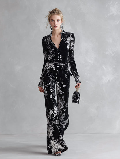 Floral Print Velvet Long Sleeve Wide Leg Jumpsuit