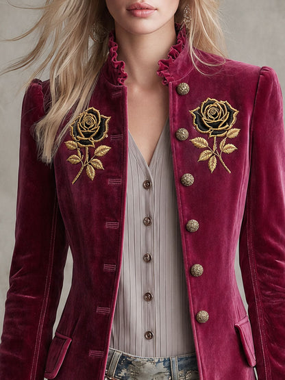 Vintage Rose Red Velvet Embroidered Military Coat