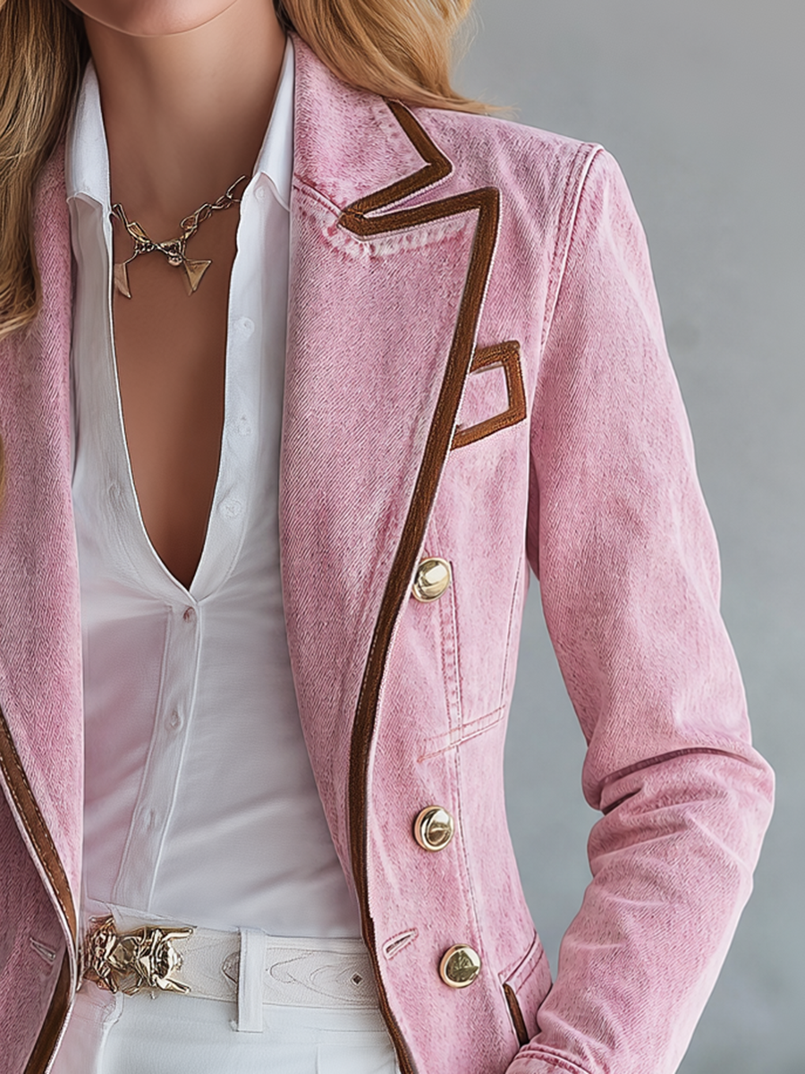 Women's Pink Fringe Denim Jacket Western Zip-Up Fitted Peplum Cropped Coat