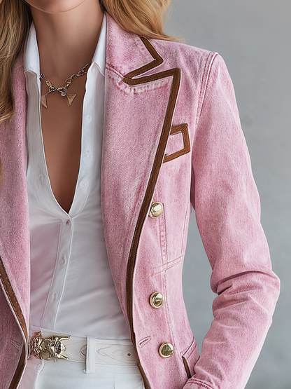 Women's Pink Fringe Denim Jacket Western Zip-Up Fitted Peplum Cropped Coat