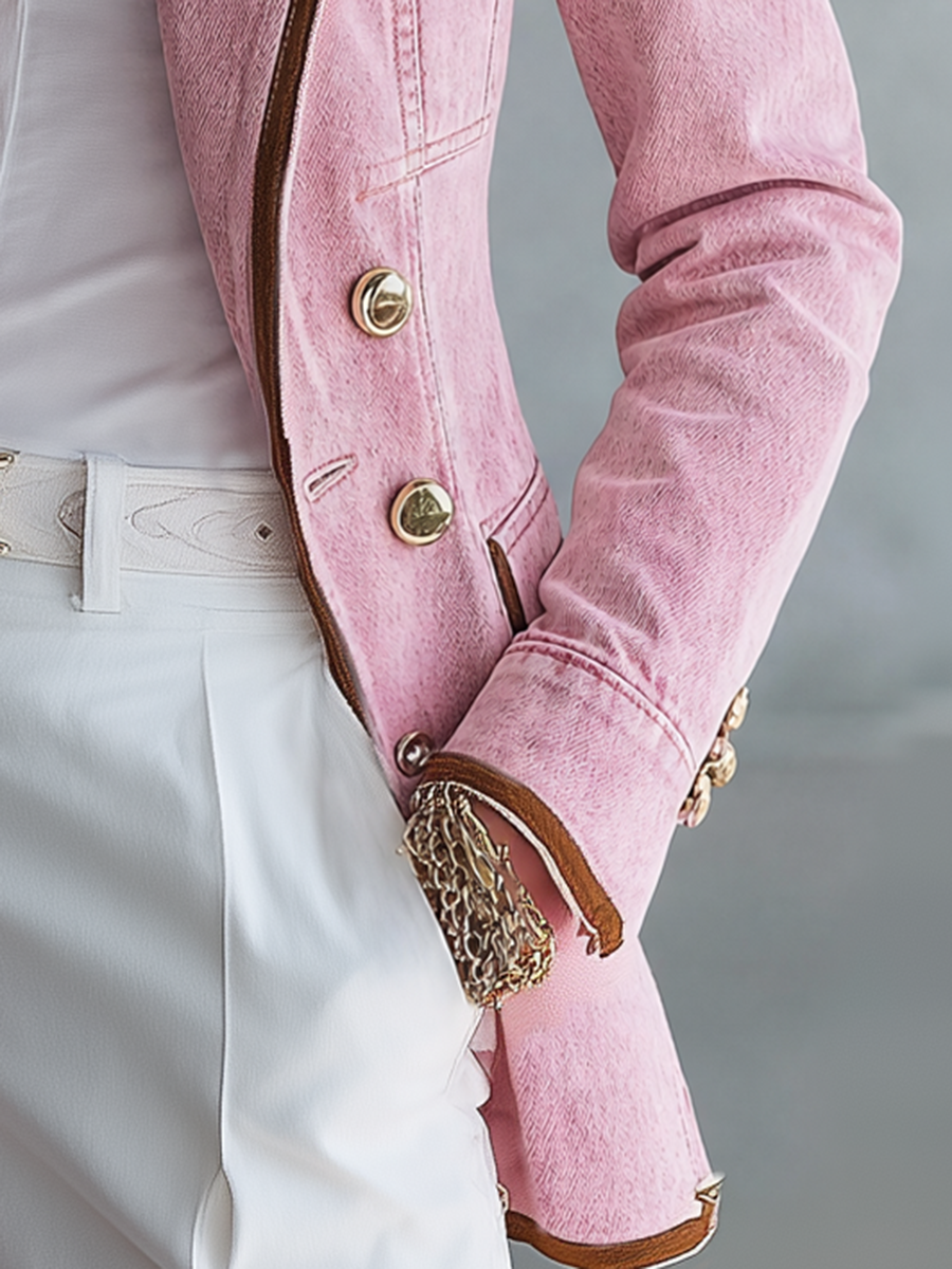 Women's Pink Fringe Denim Jacket Western Zip-Up Fitted Peplum Cropped Coat