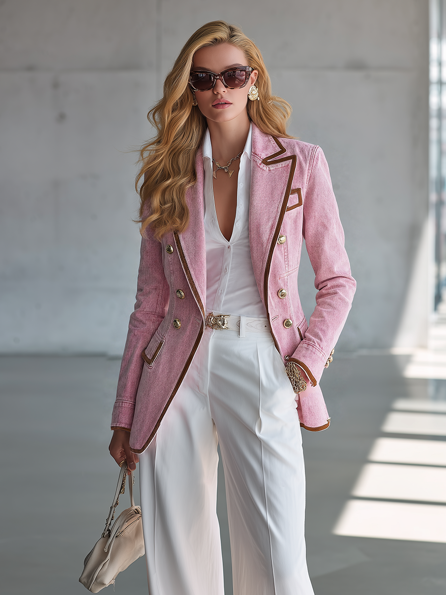 Women's Pink Fringe Denim Jacket Western Zip-Up Fitted Peplum Cropped Coat