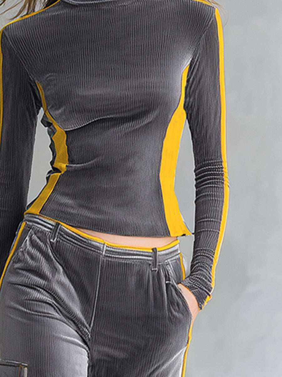 Stylish Color-block Trim Grey Top & Cargo Pants Textured Velvet Set