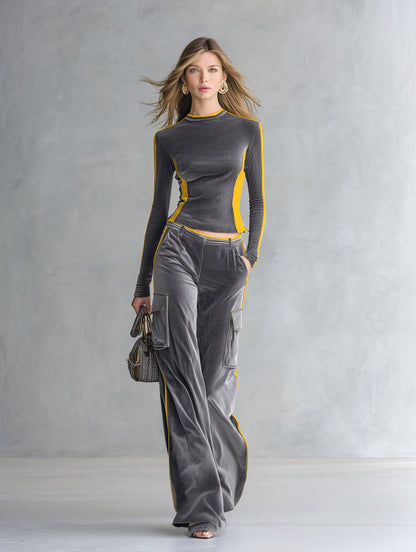 Stylish Color-block Trim Grey Top & Cargo Pants Textured Velvet Set