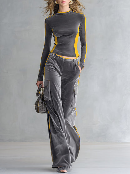 Stylish Color-block Trim Grey Top & Cargo Pants Textured Velvet Set