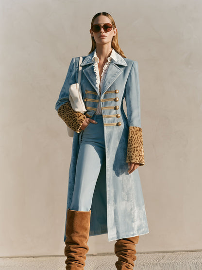 Stylish Retro Leopard Print Sleeve And Chinese Knot Button Light Blue Velvet Coat