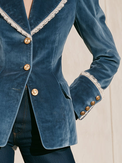 Fashionable Retro Lace-trimmed Lake Blue Velvet Blazer