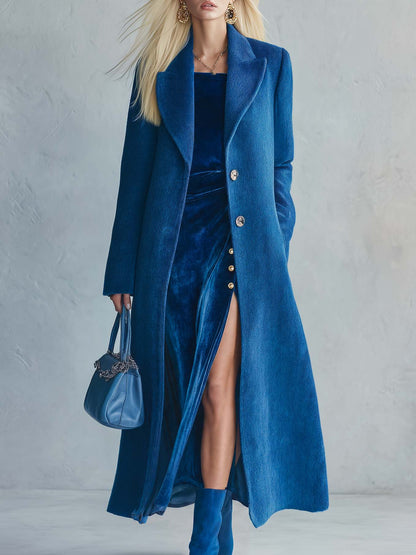Elegant Retro Royal Blue Wool Peak Lapel Longline Tailored Maxi Coat Women
