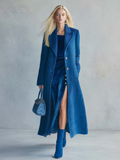 Elegant Retro Royal Blue Wool Peak Lapel Longline Tailored Maxi Coat Women