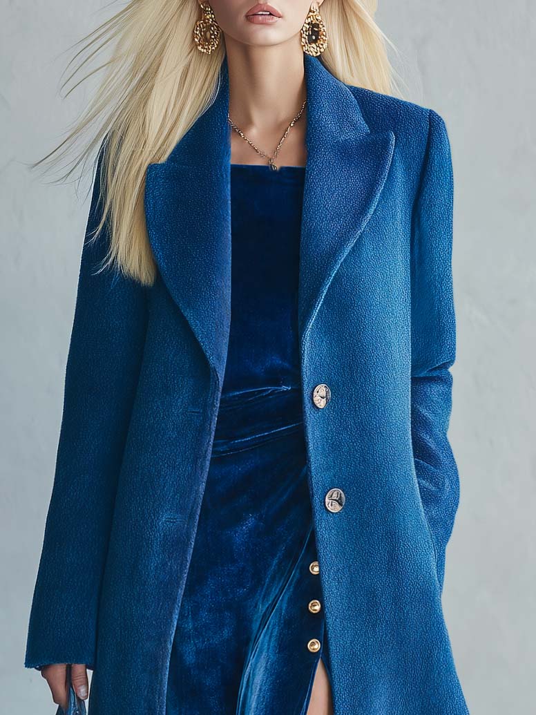Elegant Retro Royal Blue Wool Peak Lapel Longline Tailored Maxi Coat Women