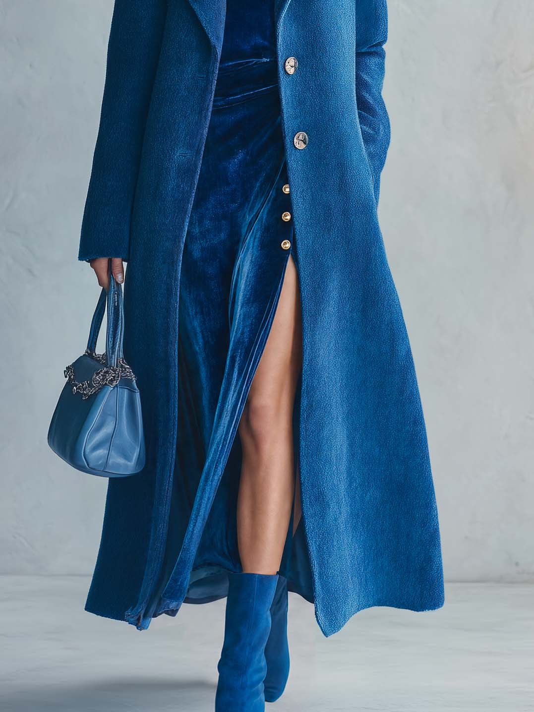 Elegant Retro Royal Blue Wool Peak Lapel Longline Tailored Maxi Coat Women