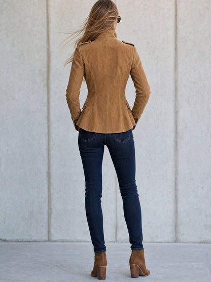 Casual Retro Camel-colored Faux Suede Jacket
